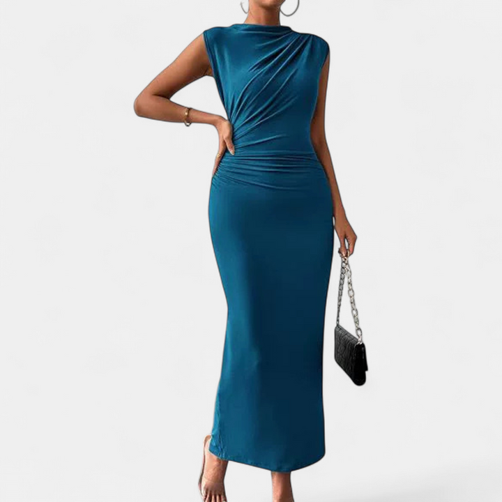 Women's Sleeveless Cocktail Midi Dress, Ruched High Neck Bodycon