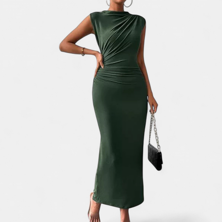 Women's Sleeveless Cocktail Midi Dress, Ruched High Neck Bodycon