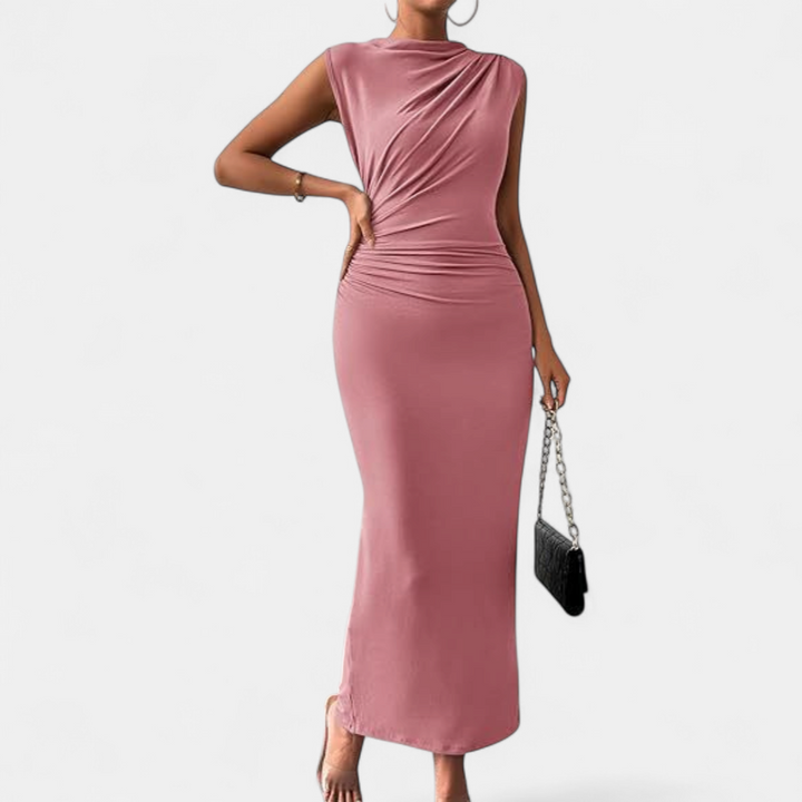 Women's Sleeveless Cocktail Midi Dress, Ruched High Neck Bodycon