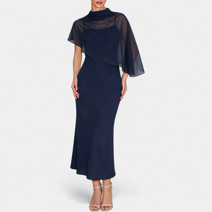 Women's Satin Wedding Guest Maxi Dress, Cape Sleeve High Neck