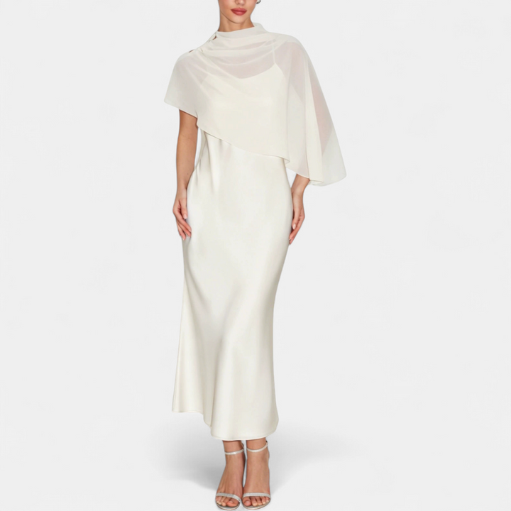Women's Satin Wedding Guest Maxi Dress, Cape Sleeve High Neck