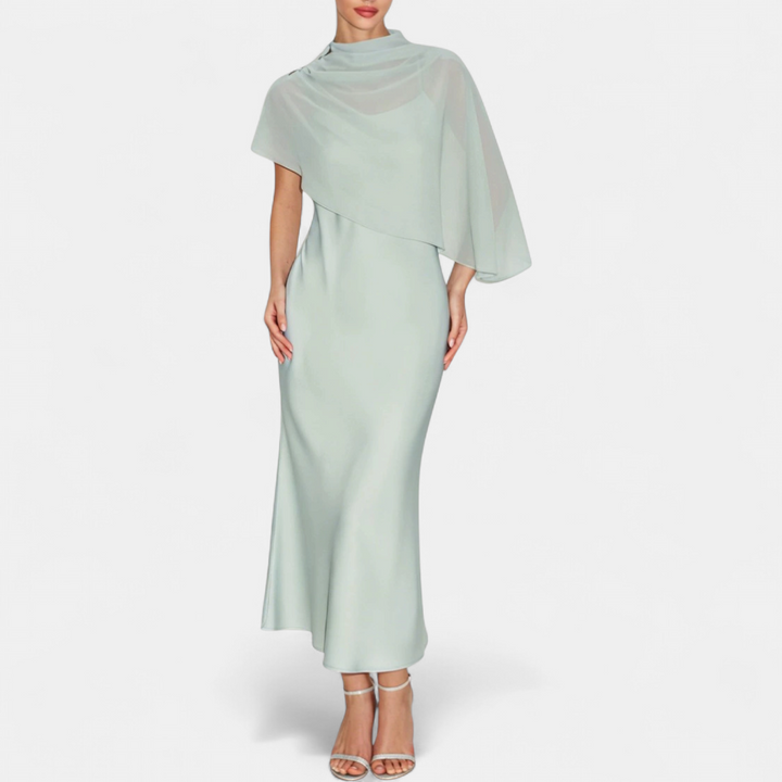 Women's Satin Wedding Guest Maxi Dress, Cape Sleeve High Neck
