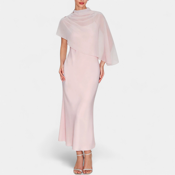 Women's Satin Wedding Guest Maxi Dress, Cape Sleeve High Neck