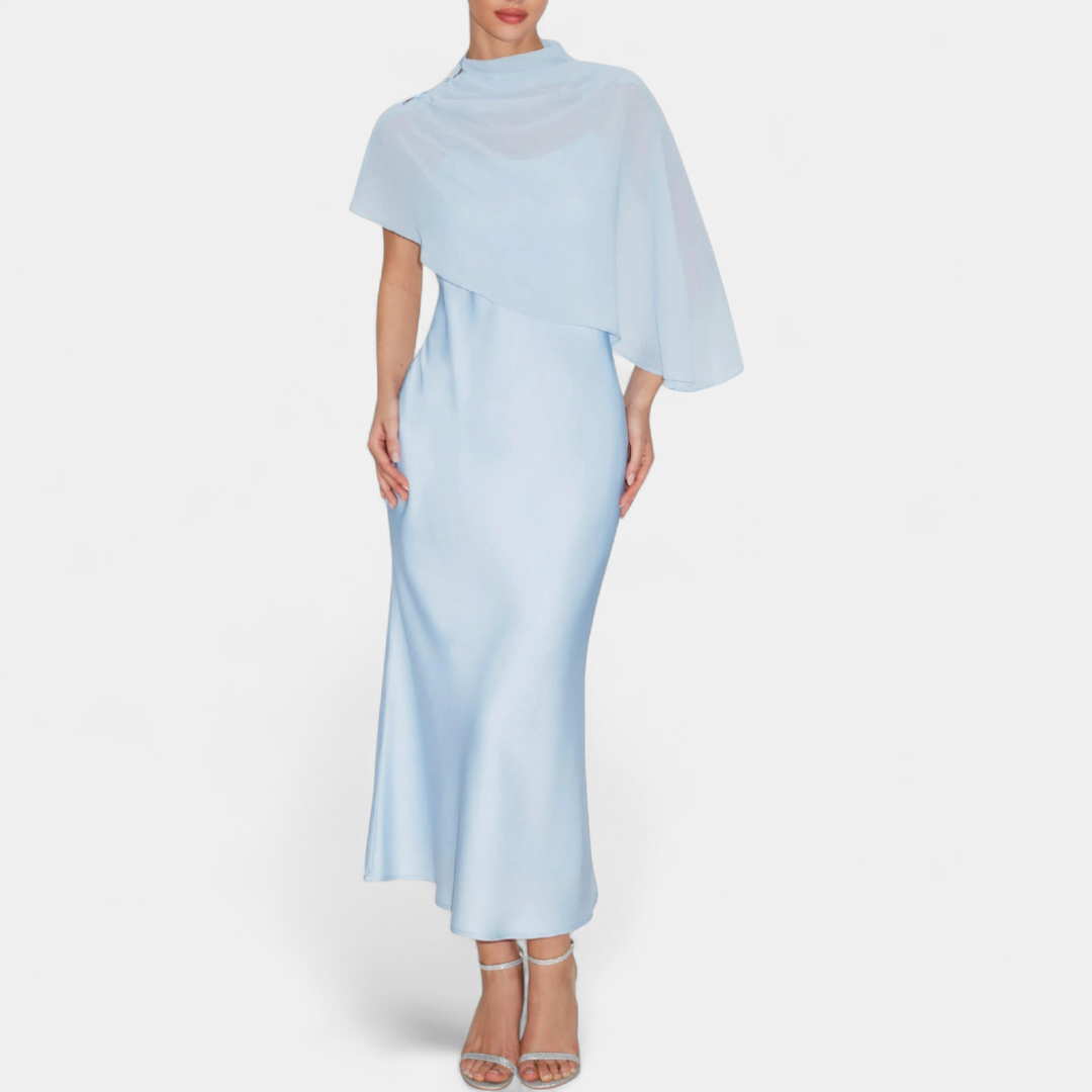 Women's Satin Wedding Guest Maxi Dress, Cape Sleeve High Neck