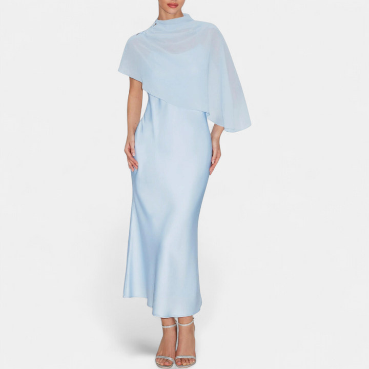 Women's Satin Wedding Guest Maxi Dress, Cape Sleeve High Neck