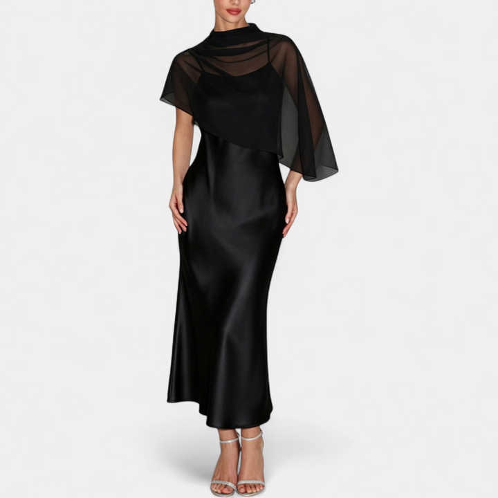 Women's Satin Wedding Guest Maxi Dress, Cape Sleeve High Neck