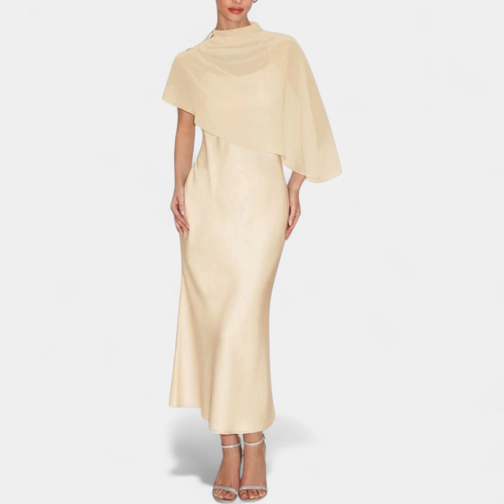 Women's Satin Wedding Guest Maxi Dress, Cape Sleeve High Neck