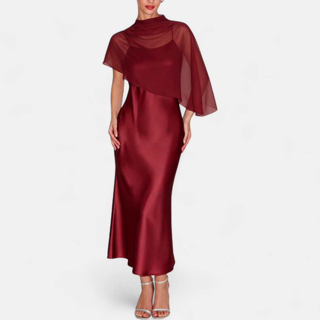 Women's Satin Wedding Guest Maxi Dress, Cape Sleeve High Neck