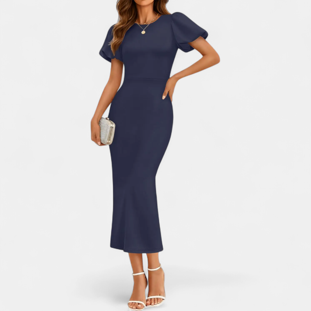 Women's Puff Sleeve Wedding Guest Midi Dress, Fitted Pencil