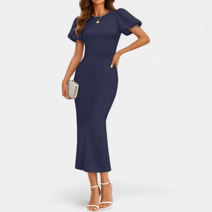 Women's Puff Sleeve Wedding Guest Midi Dress, Fitted Pencil
