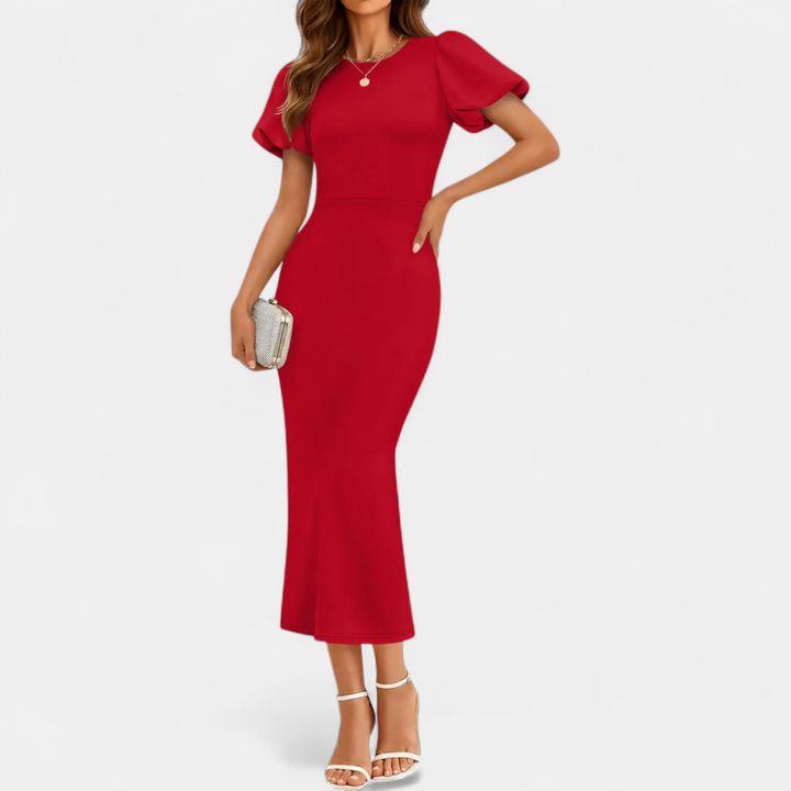 Women's Puff Sleeve Wedding Guest Midi Dress, Fitted Pencil