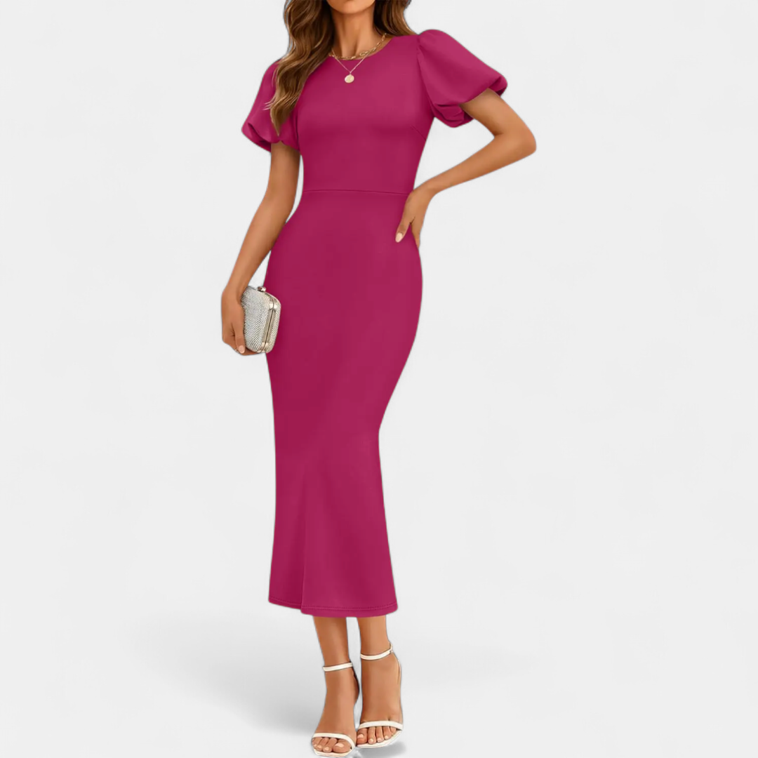 Women's Puff Sleeve Wedding Guest Midi Dress, Fitted Pencil