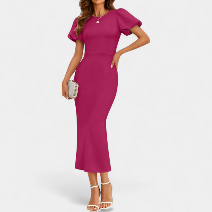 Women's Puff Sleeve Wedding Guest Midi Dress, Fitted Pencil
