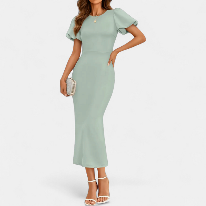 Women's Puff Sleeve Wedding Guest Midi Dress, Fitted Pencil