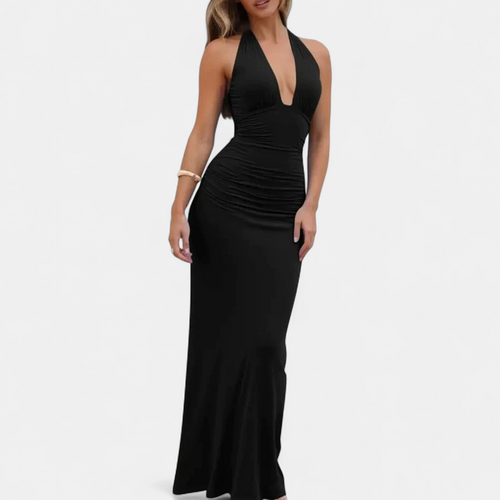 Women's Plunge Halter Cocktail Maxi Dress, Backless Bodycon