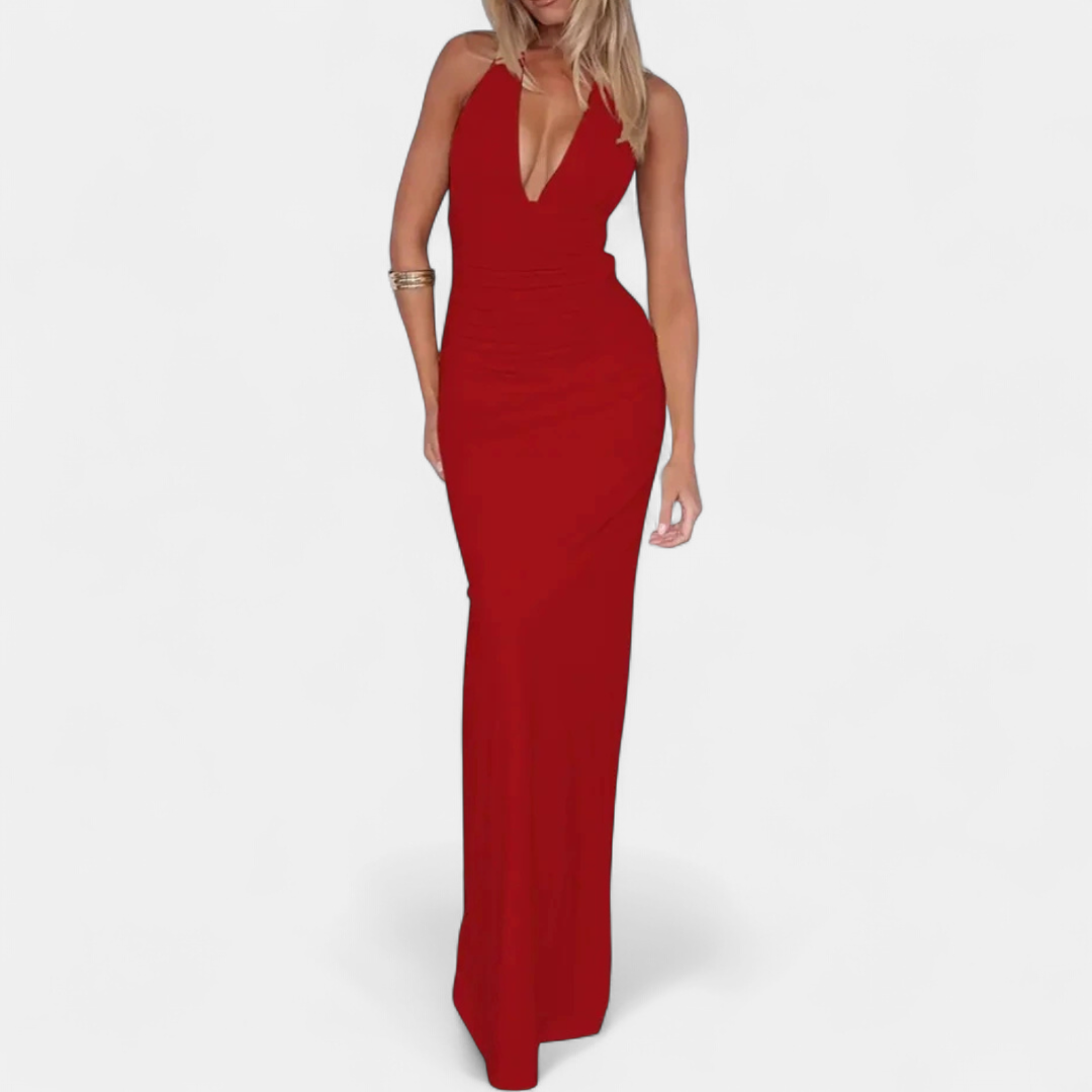 Women's Plunge Halter Cocktail Maxi Dress, Backless Bodycon