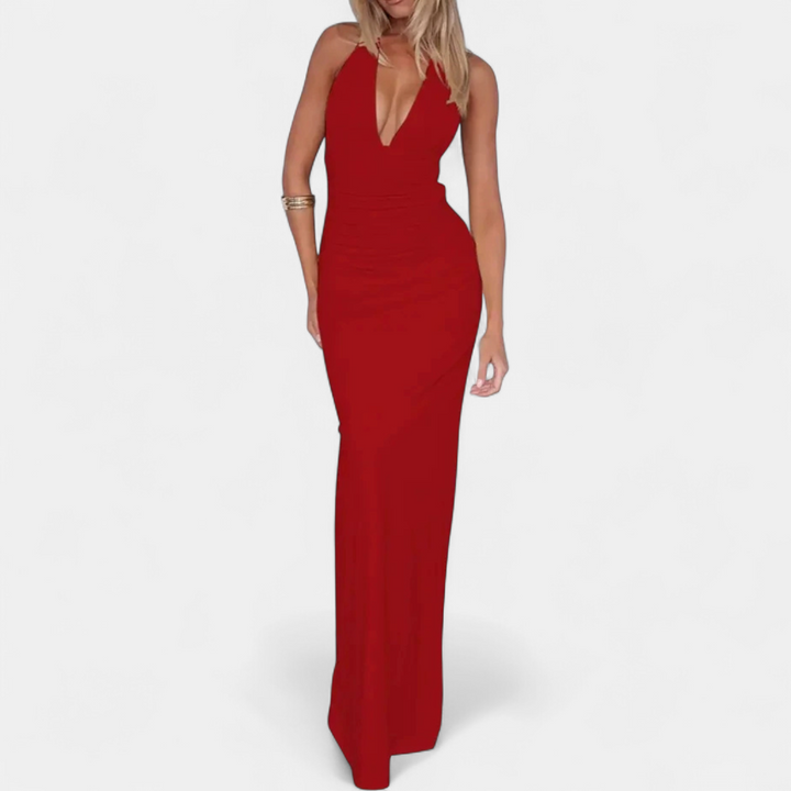 Women's Plunge Halter Cocktail Maxi Dress, Backless Bodycon