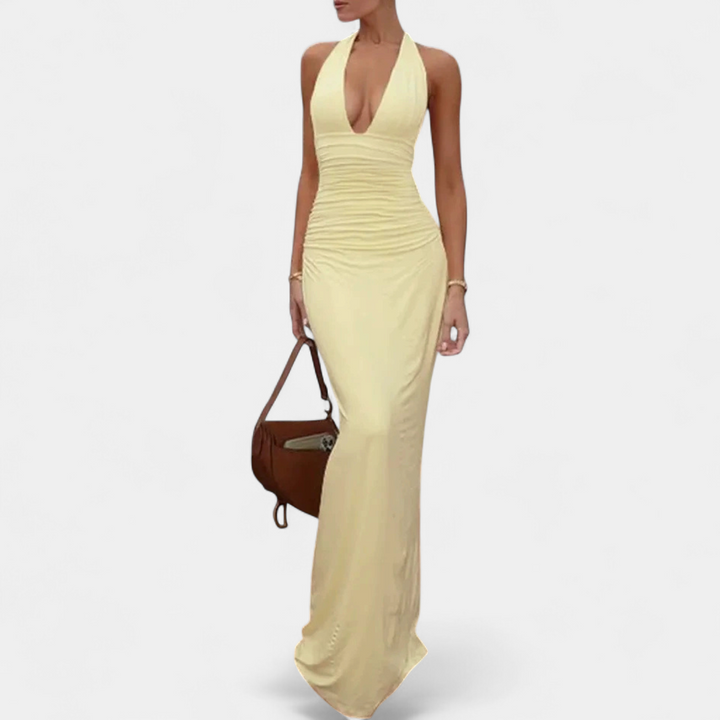 Women's Plunge Halter Cocktail Maxi Dress, Backless Bodycon
