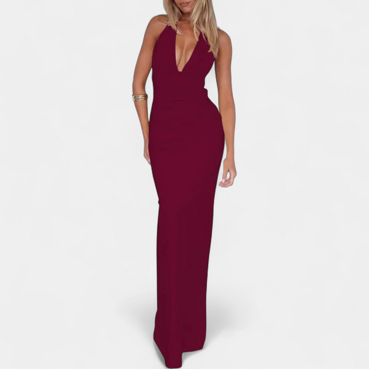 Women's Plunge Halter Cocktail Maxi Dress, Backless Bodycon