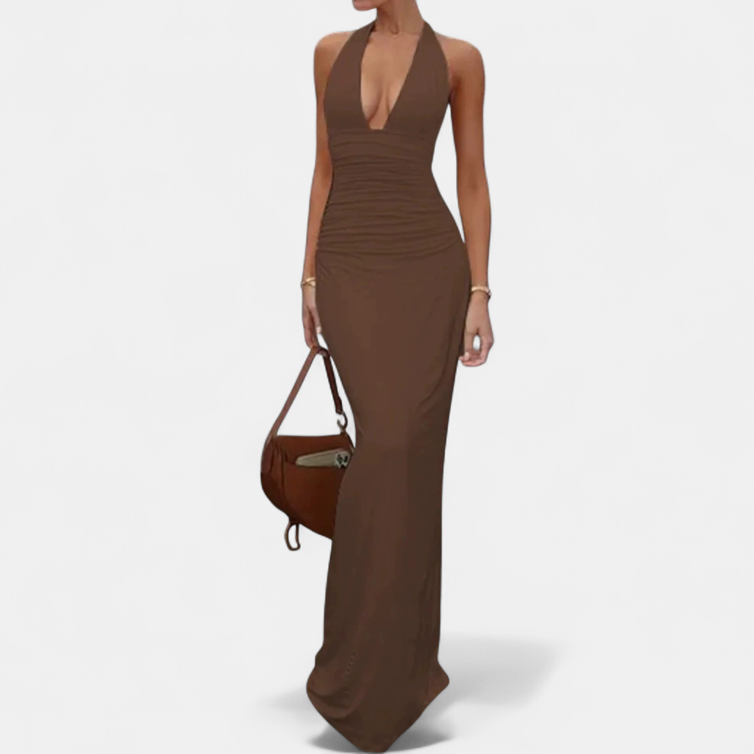 Women's Plunge Halter Cocktail Maxi Dress, Backless Bodycon