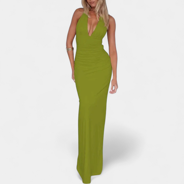 Women's Plunge Halter Cocktail Maxi Dress, Backless Bodycon