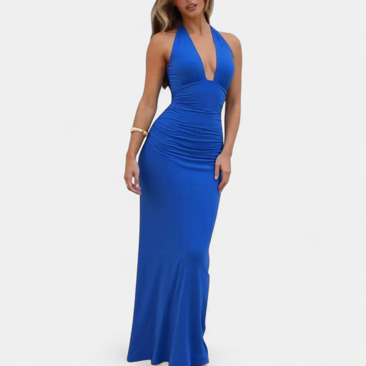 Women's Plunge Halter Cocktail Maxi Dress, Backless Bodycon