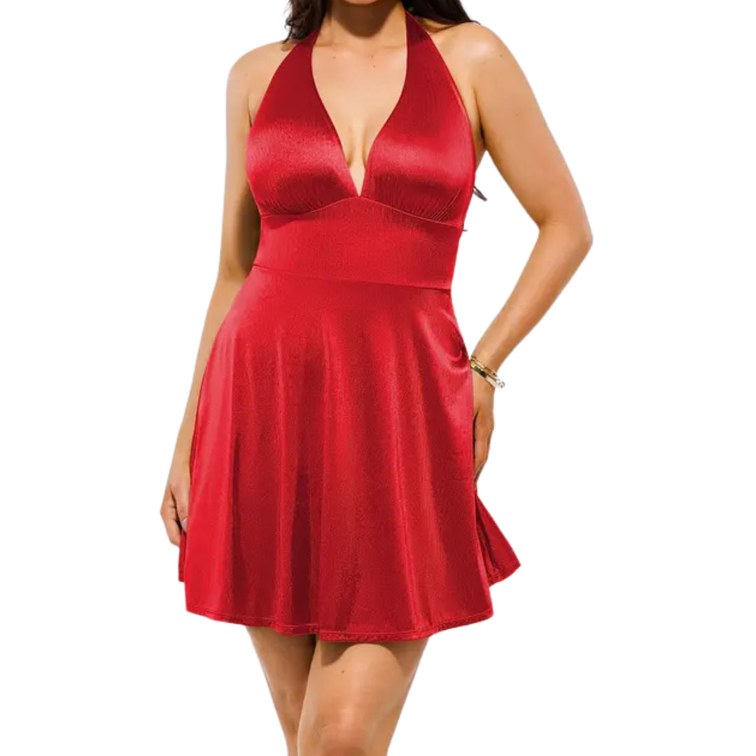 Women's Satin Cocktail Mini Dress, Deep V Halter Skater Flare