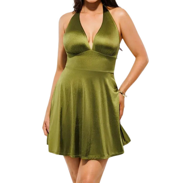 Women's Satin Cocktail Mini Dress, Deep V Halter Skater Flare