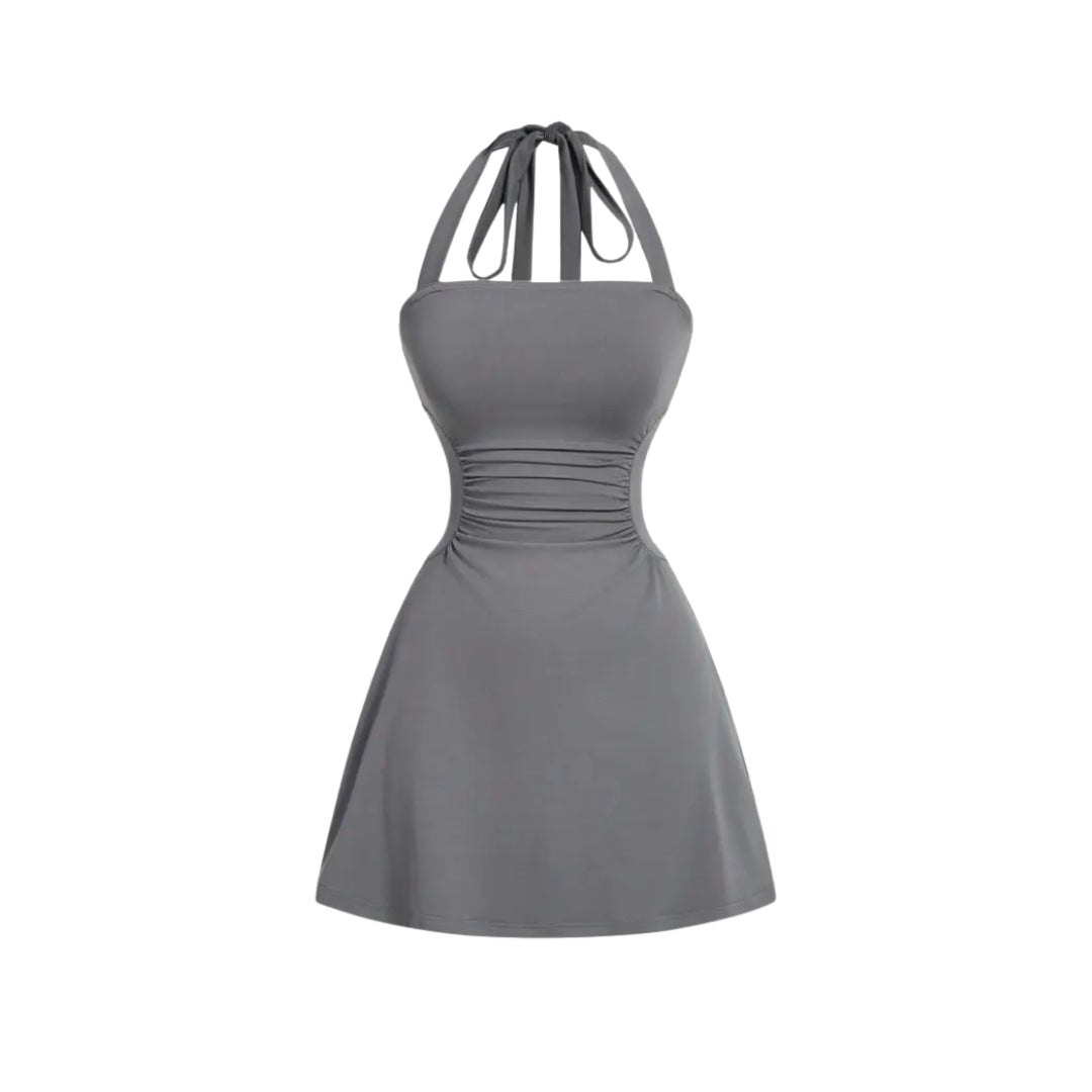 Women's Strappy Halter Cocktail Mini Dress, Ruched Waist Flare