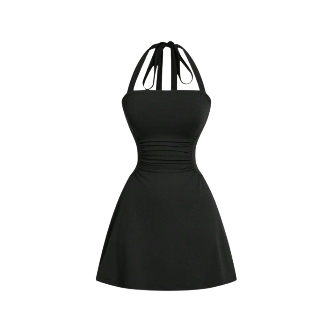Women's Strappy Halter Cocktail Mini Dress, Ruched Waist Flare