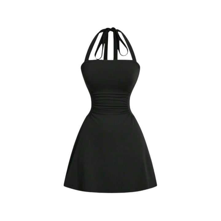 Women's Strappy Halter Cocktail Mini Dress, Ruched Waist Flare