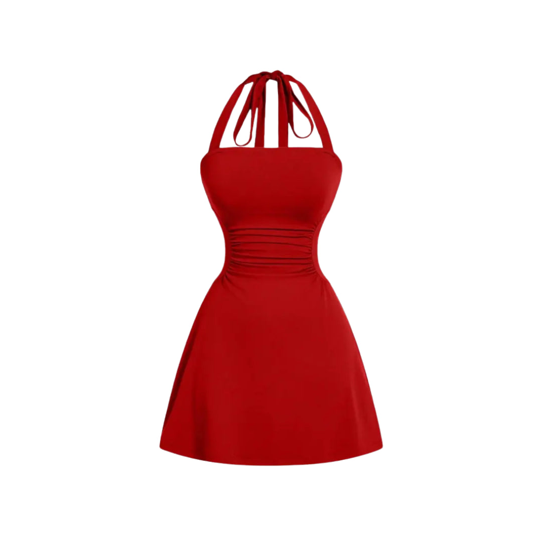 Women's Strappy Halter Cocktail Mini Dress, Ruched Waist Flare