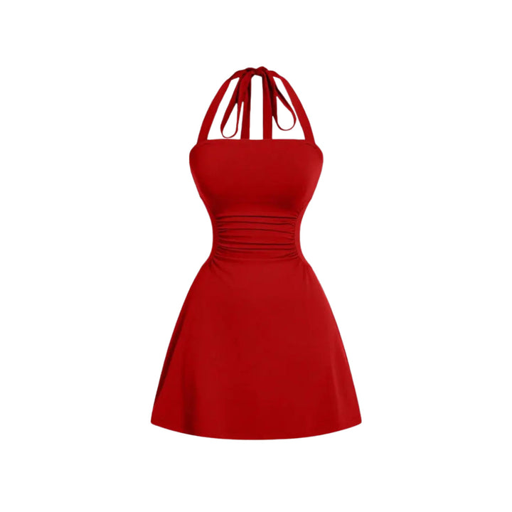 Women's Strappy Halter Cocktail Mini Dress, Ruched Waist Flare