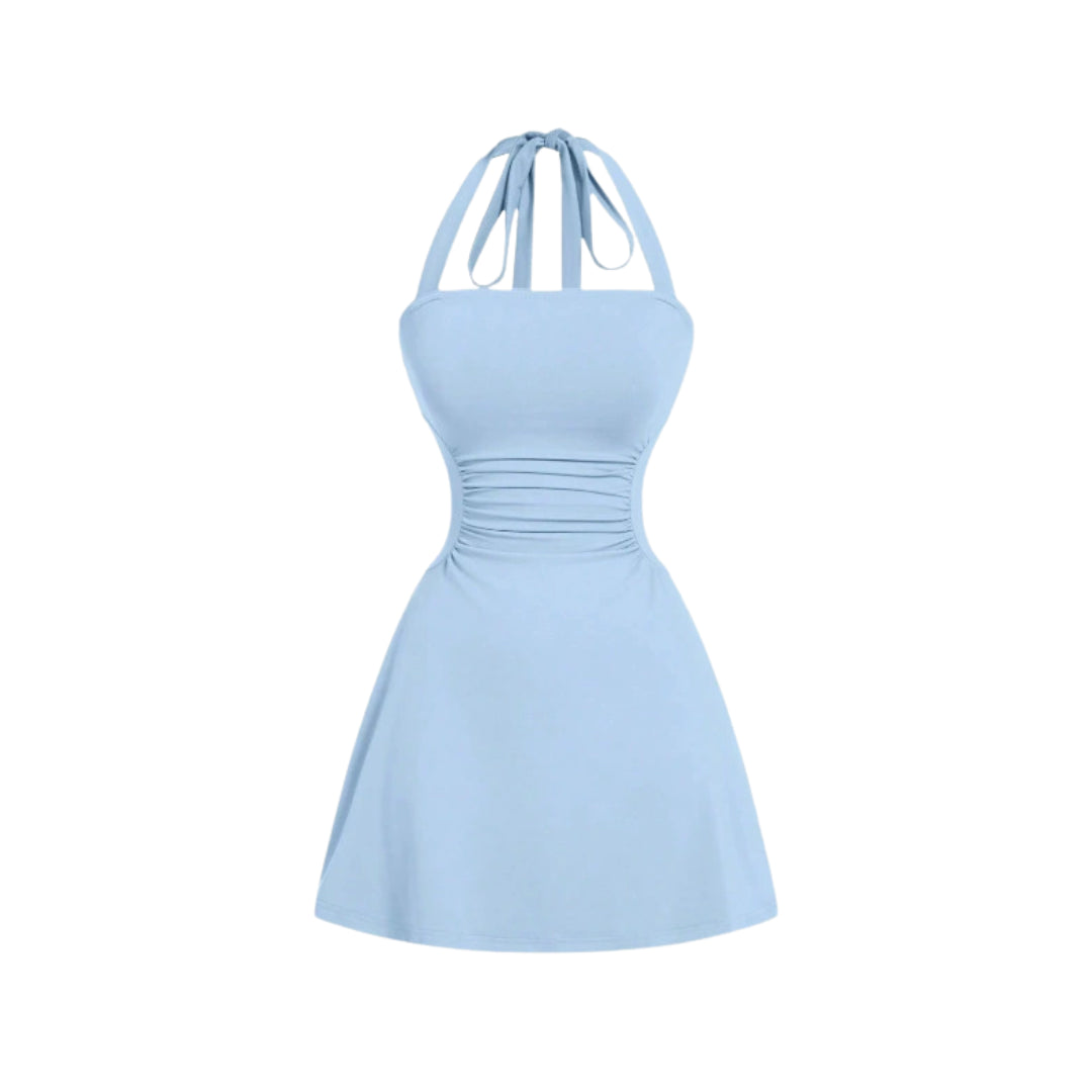 Women's Strappy Halter Cocktail Mini Dress, Ruched Waist Flare