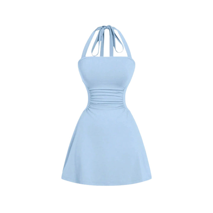 Women's Strappy Halter Cocktail Mini Dress, Ruched Waist Flare