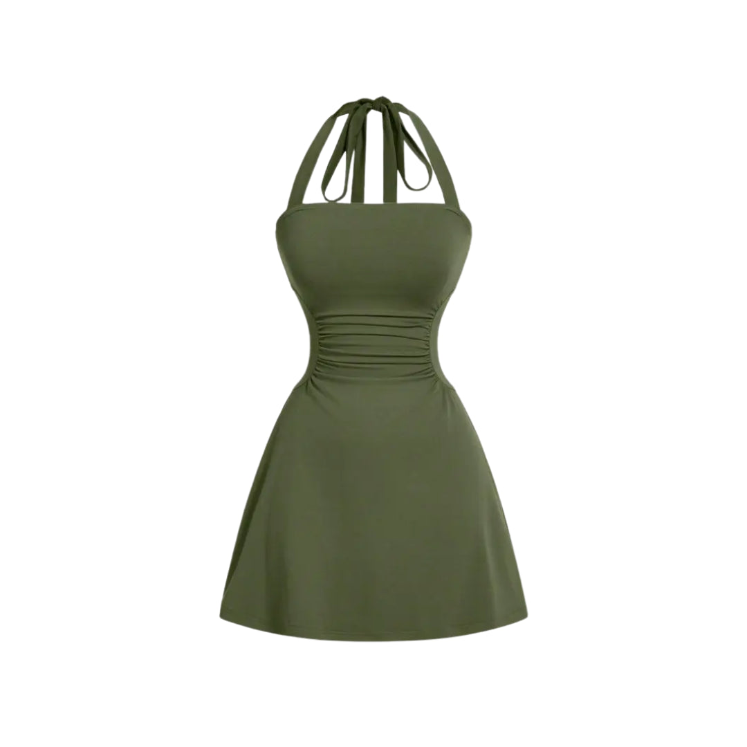 Women's Strappy Halter Cocktail Mini Dress, Ruched Waist Flare