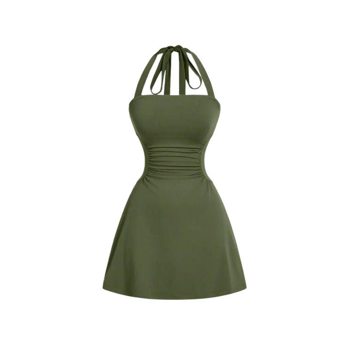 Women's Strappy Halter Cocktail Mini Dress, Ruched Waist Flare