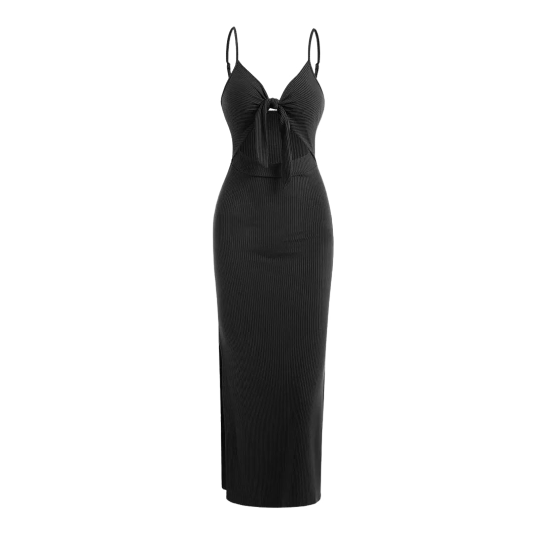 Women's Cami Bodycon Maxi Dress, V Neck Tie Front Side Slit