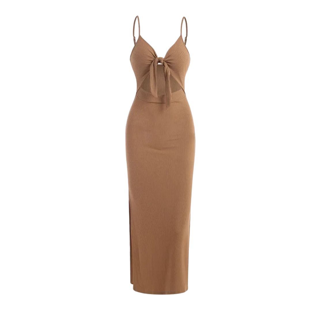 Women's Cami Bodycon Maxi Dress, V Neck Tie Front Side Slit