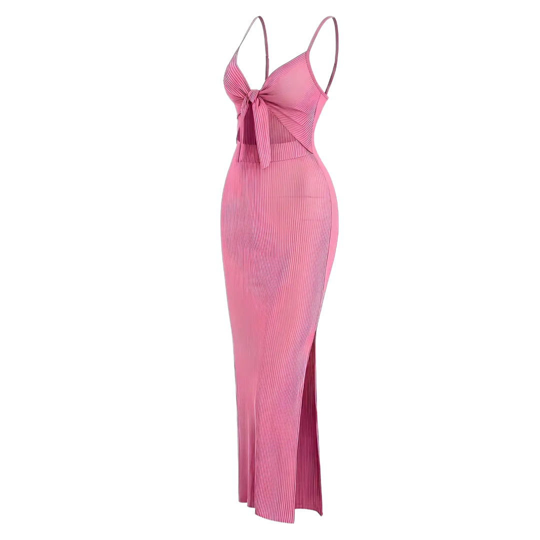Women's Cami Bodycon Maxi Dress, V Neck Tie Front Side Slit