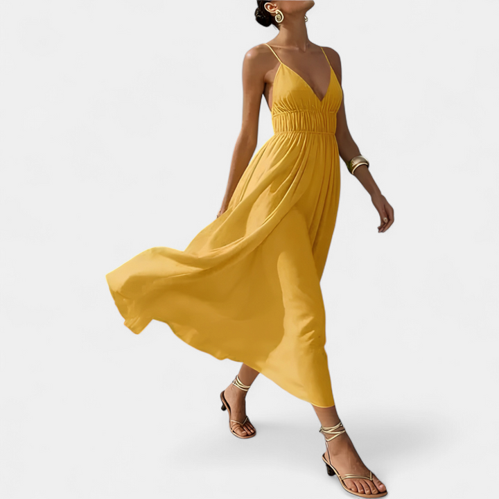 Women's Deep V Wedding Guest Maxi Dress, Ruched Cami Backless
