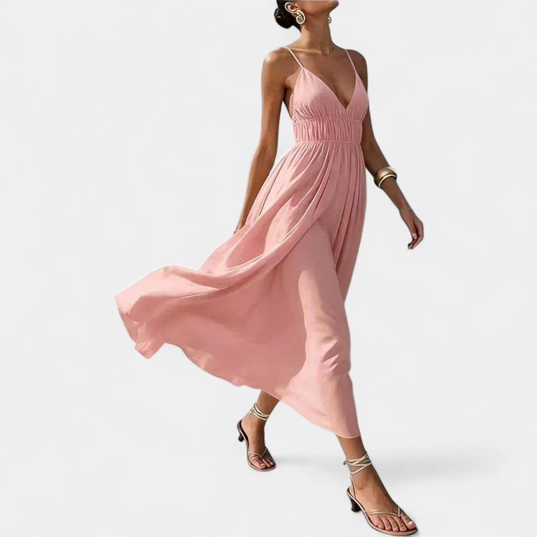 Women's Deep V Wedding Guest Maxi Dress, Ruched Cami Backless