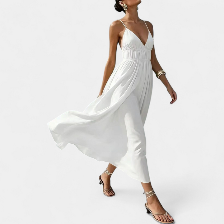 Women's Deep V Wedding Guest Maxi Dress, Ruched Cami Backless