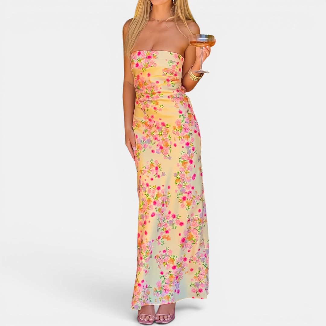 Women's Floral Strapless Maxi Dress, Backless Tie Back Bodycon