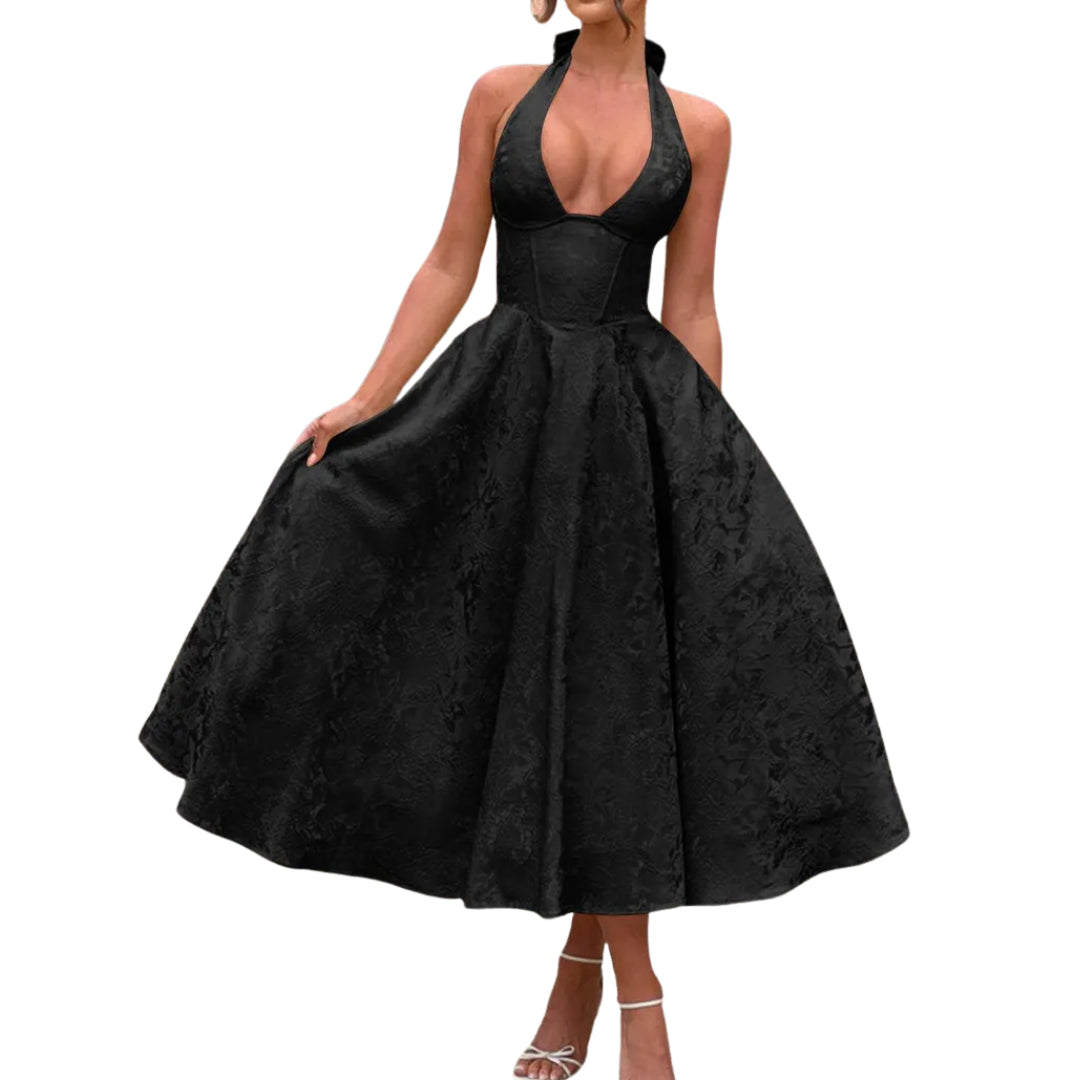 Women's Halter Wedding Guest Midi Dress, Embroidered Full Skirt