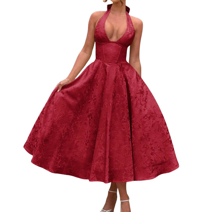 Women's Halter Wedding Guest Midi Dress, Embroidered Full Skirt