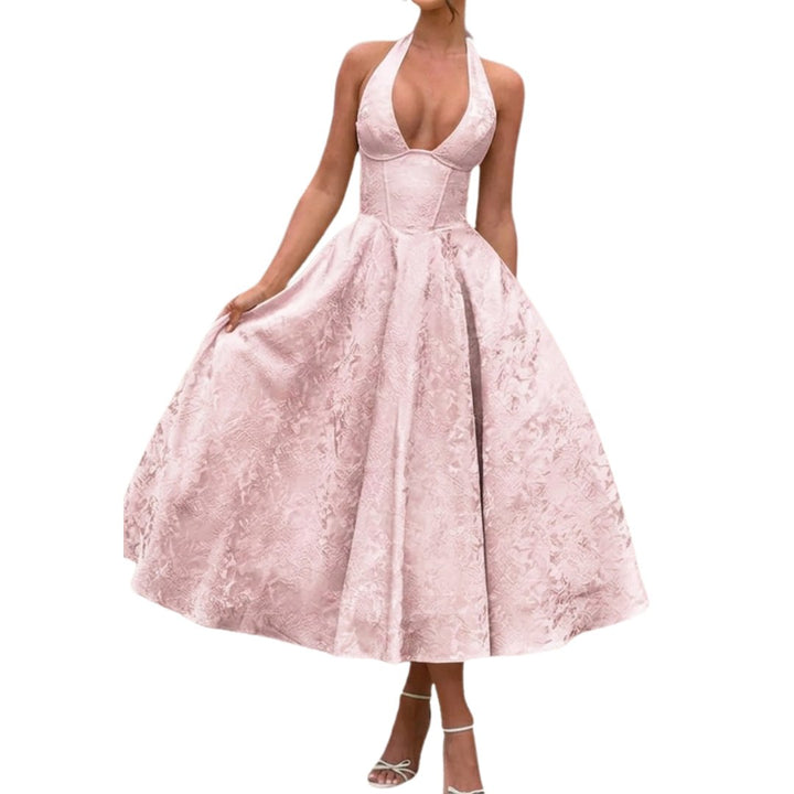Women's Halter Wedding Guest Midi Dress, Embroidered Full Skirt