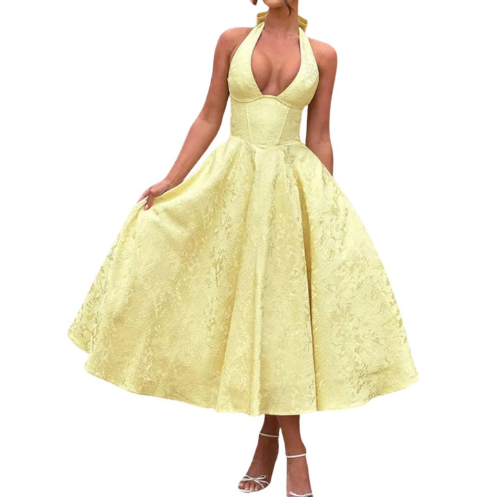Women's Halter Wedding Guest Midi Dress, Embroidered Full Skirt