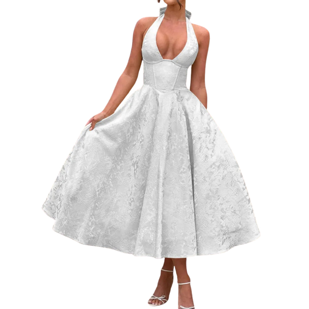 Women's Halter Wedding Guest Midi Dress, Embroidered Full Skirt
