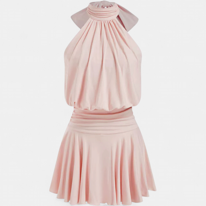 Women's Halter Neck Cocktail Mini Dress, Pleated Drop Waist